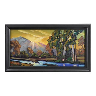 William Hawkins Landscape Mountain Sunset Oil on Canvas Board For Sale
