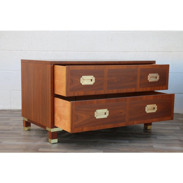 Pair of Mid-Century Modern Campaign Walnut Nightstands by Baker Milling Road | Brass Hardware, Circa 1960s For Sale In Los Angeles - Image 6 of 18