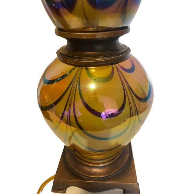 Vintage Iridescent Art Glass Table Lamps-Murano Style Amber Feather Patten - A Pair For Sale - Image 6 of 17