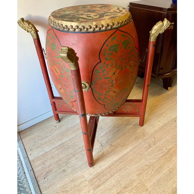 Wood Chinese Qing Dynasty Lacquer, Wood & Leather Double Sided Drum with Stand & Drum Sticks For Sale - Image 7 of 13