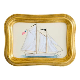 Original Hand-Painted Sailboat Painting in a Vintage Italian Frame For Sale