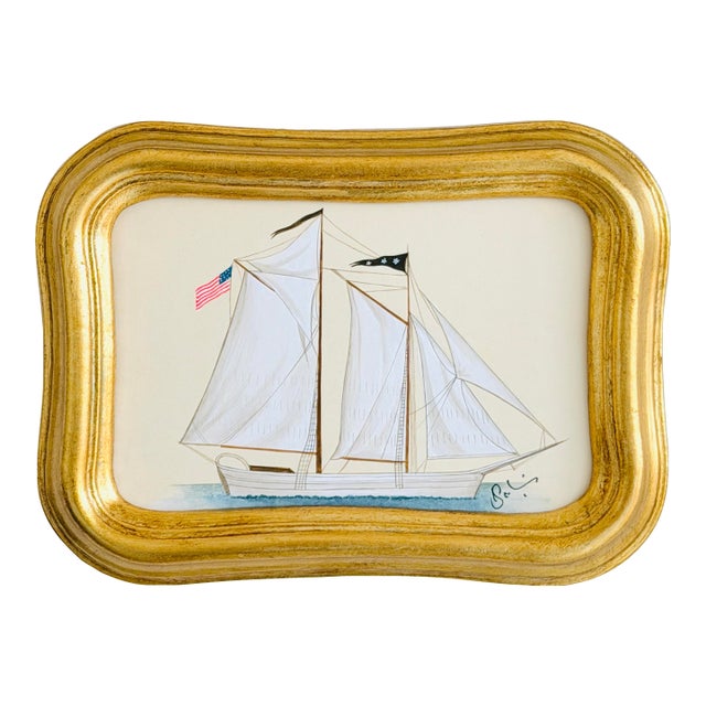 Original Hand-Painted Sailboat Painting in a Vintage Italian Frame For Sale