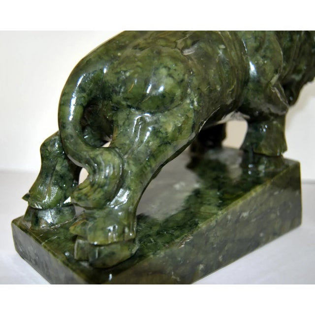 Gemstone Spinach Jade Charging Bull Oxen Statuette Figurine on Pedestal For Sale - Image 7 of 11