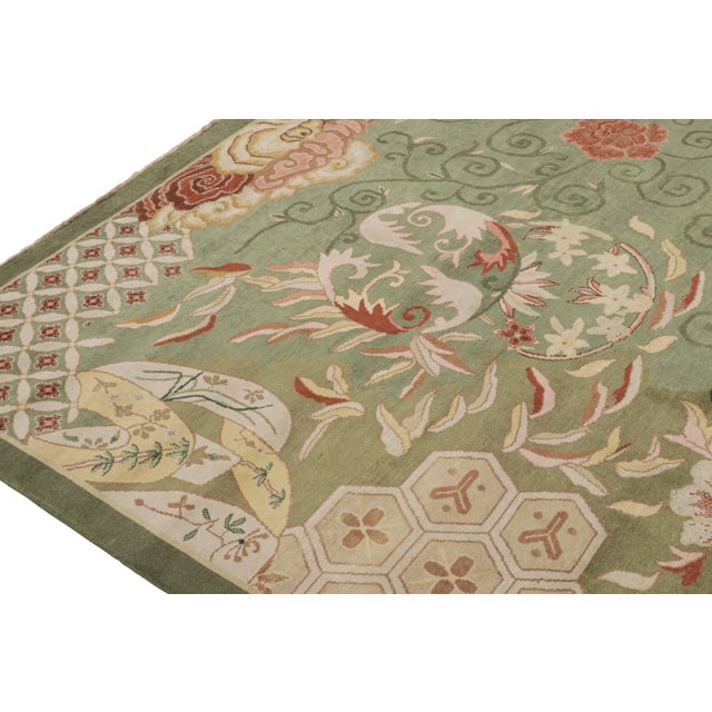 2010s Rug & Kilim’s Chinese Style Art Deco Rug in Green With Red & Gold Florals For Sale In New York - Image 6 of 8