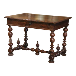 18th Century French Louis XIII Carved Walnut Turned-Leg Side Table With Drawer