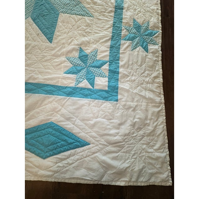 Farmhouse Vintage Handmade Quilted Turquoise and White Lone Star Quilt For Sale - Image 3 of 15