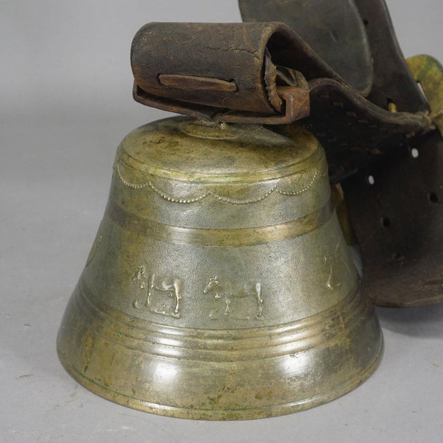 Antique Swiss Casted Bronze Cow Bell With Leather Strap Ca. 1900 | Chairish