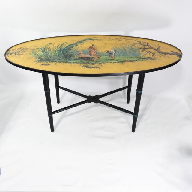 Vintage Chinoiserie Yellow Coffee Table With Hand-Painted Figures For Sale - Image 17 of 17