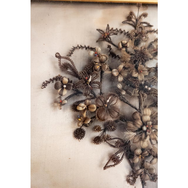 Brown 19th Century American Victorian Folk Art Mourning Hair Embroidery Floral Bouquet For Sale - Image 8 of 12