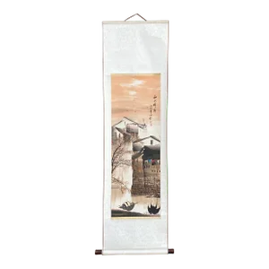 Chinese Color Ink Waterside Village Scroll Painting Wall Art