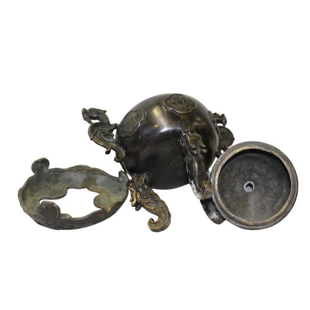 Chinese Oriental Dark Brown Bronze Metal Incense Burner Display For Sale - Image 4 of 6