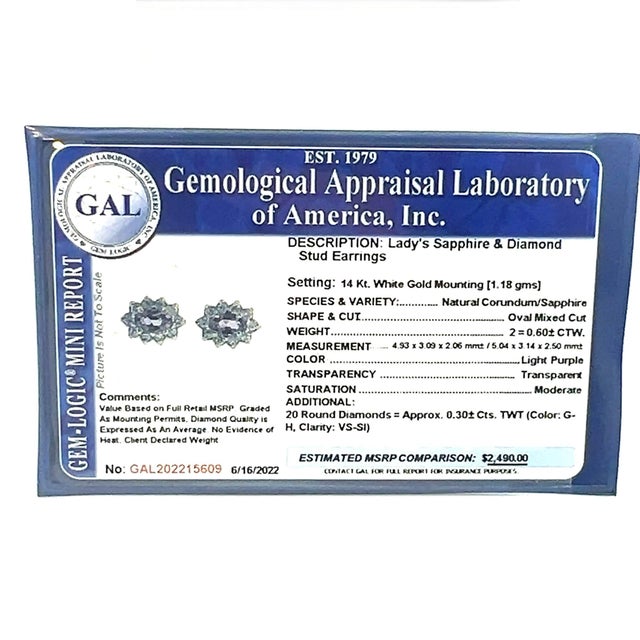 Natural Sapphire Diamond Stud Earrings 14k W Gold 0.90 TCW Certified For Sale - Image 10 of 10