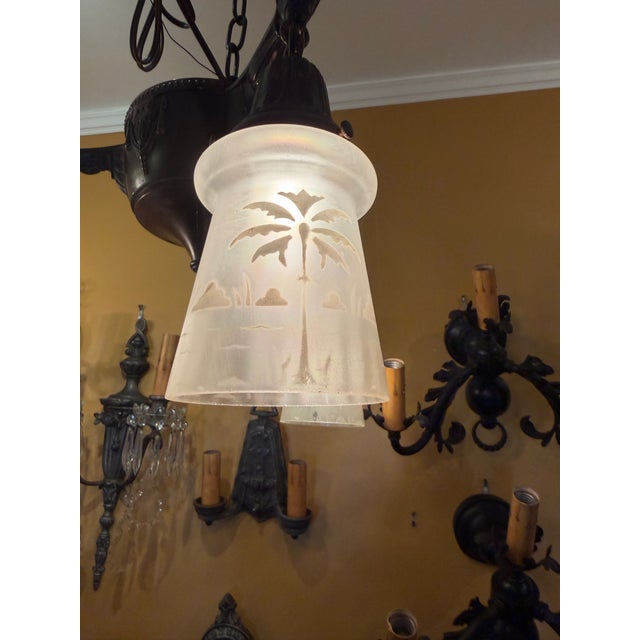 Circa 1910’s Art Nouveau Chandelier With Etched Palm Motif Shades For Sale - Image 9 of 9