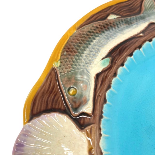 Minton Minton Majolica Seafood Plate With Fish and Shells, English, Dated 1873 For Sale - Image 4 of 8