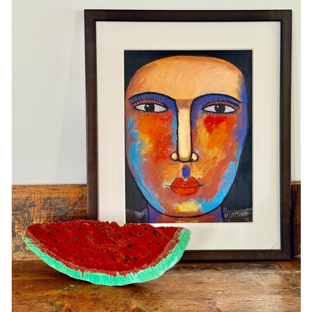 Vintage Large Scale Folk Art Hand-Painted Wood Watermelon Slice, Circa 1980s. Formed from a wedge of hand-cut wood. A...