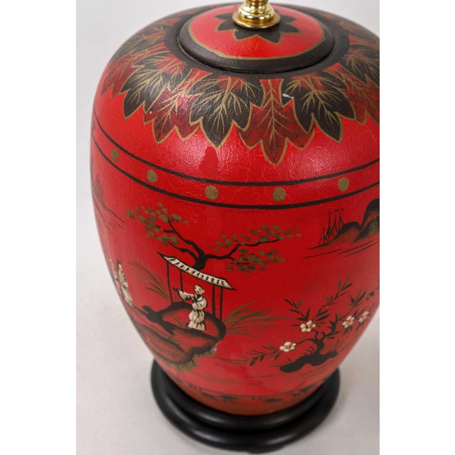Ceramic Vintage Chinoiserie Red Ginger Jar Lamp With Figured in White and Gold Color For Sale - Image 7 of 11
