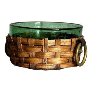 1960s Sweden Green Glass and Wicker Bowl For Sale