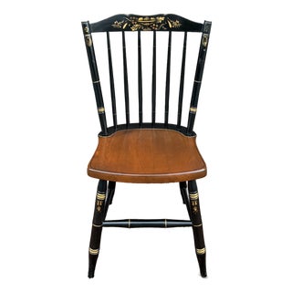 Vintage L. Hitchcock Rustic Country Farmhouse Stenciled Windsor Dining Chair in Black and Maple For Sale