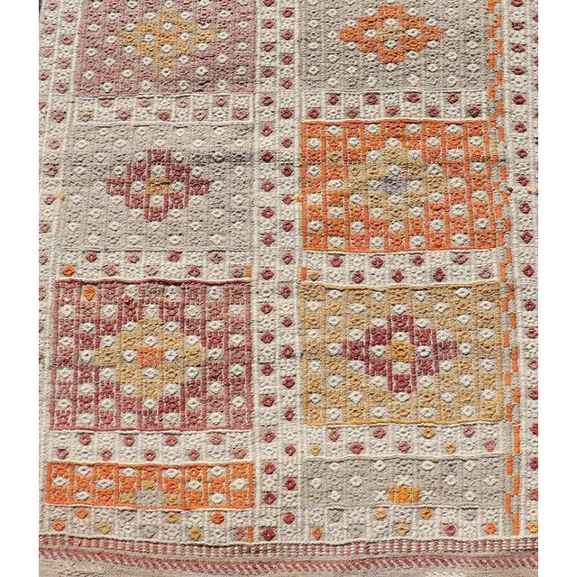 Vintage Turkish Kilim Runner With Checker Medallions in Soft Pastel Tones For Sale - Image 4 of 11