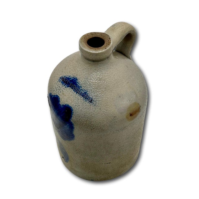 Ceramic Nice Small 1 Gallon Size Antique American New York Stoneware Jug With Big Deep Blue Flower Decoration - Circa Mid 1800s For Sale - Image 7 of 18