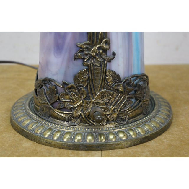 Antique Victorian Aesthetic Arts Nouveau Stained Slag Glass Parlor Lamp 25" For Sale - Image 11 of 17
