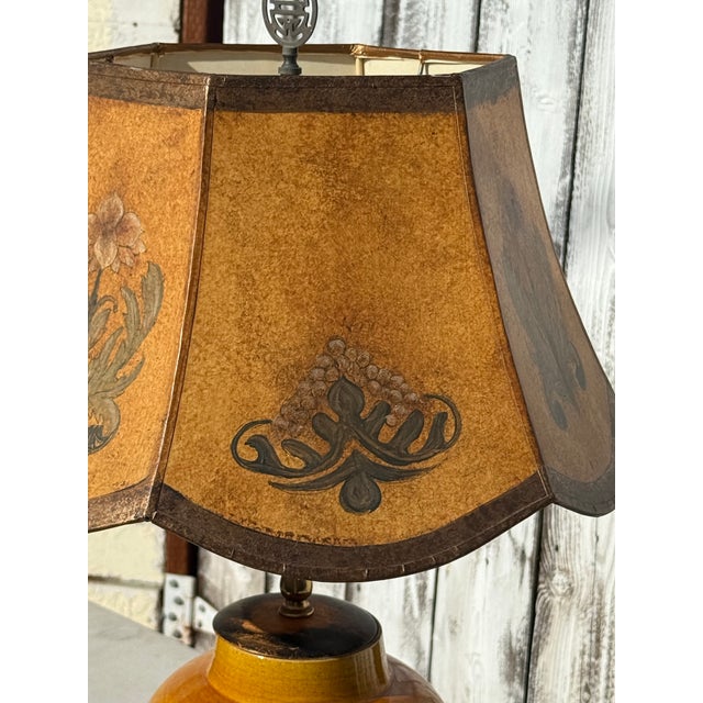 1940s Eggyolk Chinese &Terracotta Color Lamp With Custom Floral With Hand Painted Parchment Shade For Sale In San Diego - Image 6 of 18