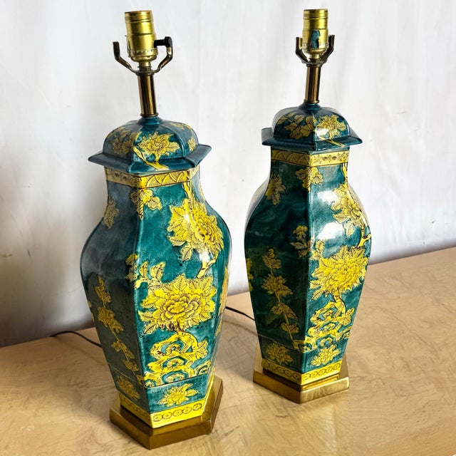 Bring bold Chinoiserie glamour into any room with this striking pair of vintage porcelain table lamps. Each lamp features...