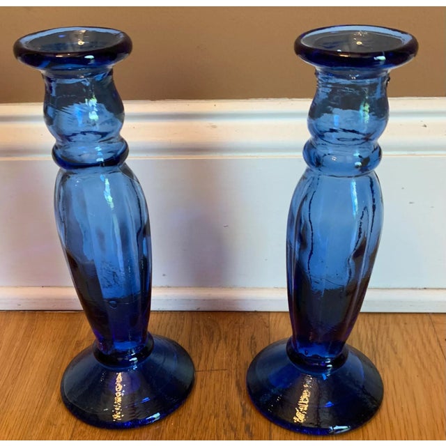 Glass 1990s Vintage Spanish Blue Glass Candlesticks, Set of 2 For Sale - Image 7 of 9