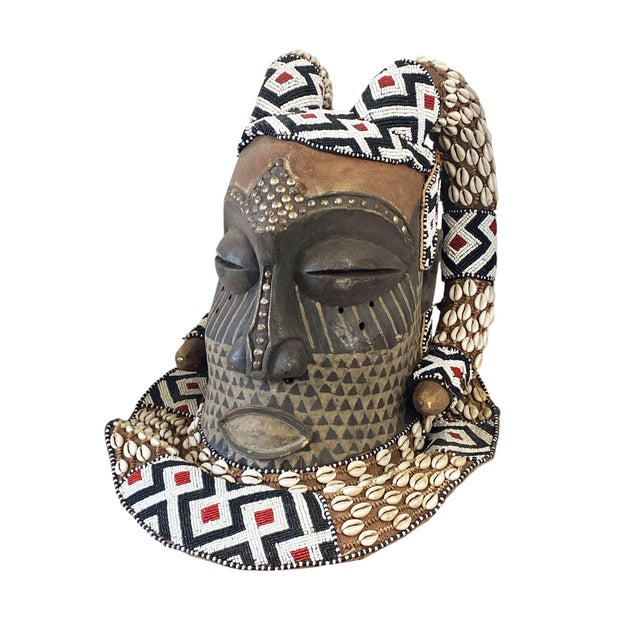 Vintage Large African Tribal Beaded Kuba Royal Head Mask Congo 15" H For Sale - Image 4 of 9