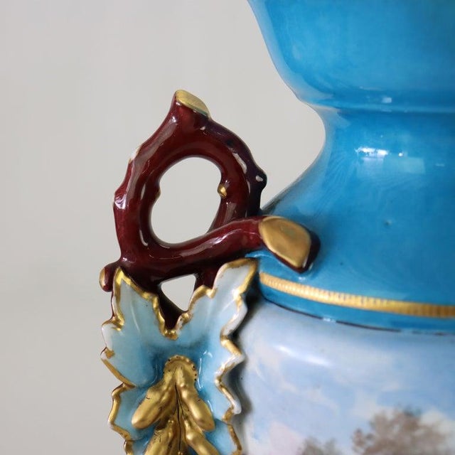 Rustic Large Antique Old Paris Porcelain Scenic Vase With Cord Access Lamp Base C1890 For Sale - Image 3 of 9