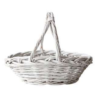 Vintage White Wicker Gathering Basket With Double Handles For Sale
