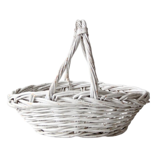 Vintage White Wicker Gathering Basket With Double Handles For Sale