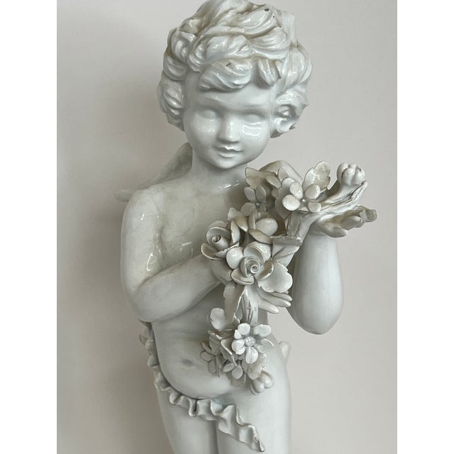 Mid-Century Italian Porcelain Cherub Figures With Floral Garlands Vases a Pair For Sale - Image 9 of 15
