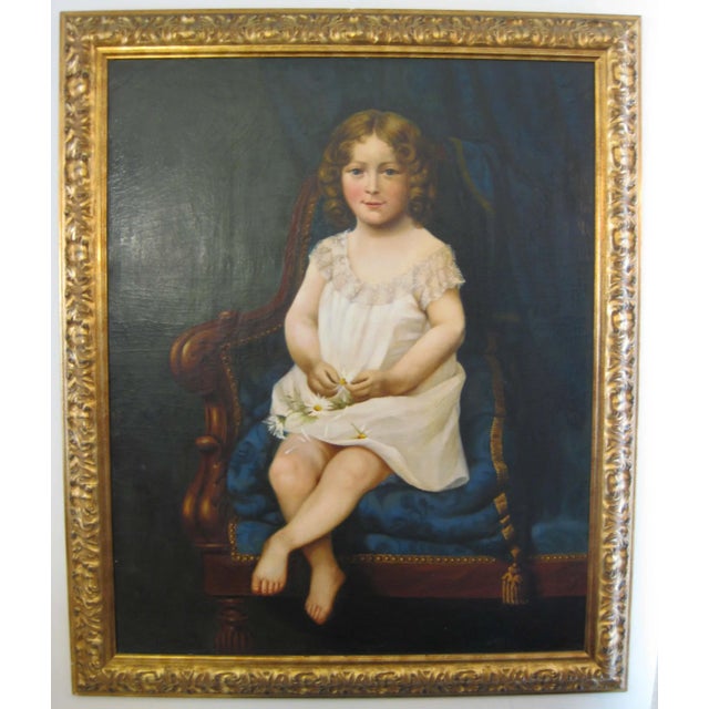 Mid 19th Century Antique Portrait of Young Girl With Daisies Painting For Sale - Image 5 of 5