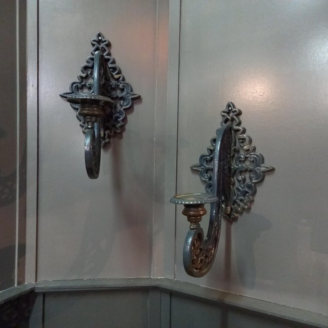 Antique Neo-Gothic Wall Sconces in Cast-Iron, Set of 2 For Sale - Image 3 of 12