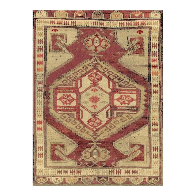 1890s Antique Warm Red Medallion Tortoise Turkish Knotted Pile Decorative Rug For Sale
