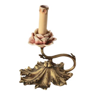 French 1950s Gilded Grape Leaf Pink Porcelain Rose Tole Table Accent Lamp For Sale