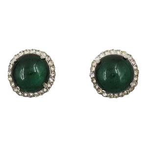 Vintage Castlecliff Faux-Emerald & Clear Rhinestone Clip Earrings - 2 Pieces