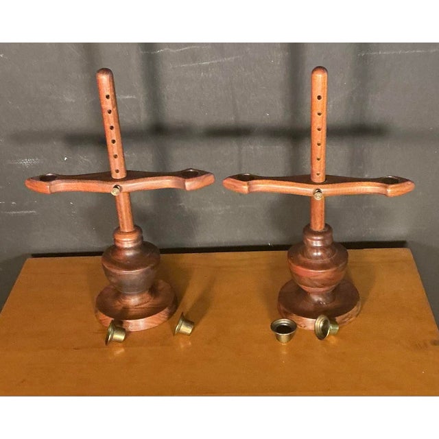 Mid-Century Modern Vintage Mid-Century Modern Scandinavian Adjustable Wooden Candle Holders Brass Inserts- A Pair For Sale - Image 3 of 12