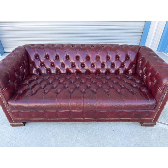 1960s Mid Century Chesterfield Burgundy Leather Tufted Sofa For Sale - Image 9 of 10