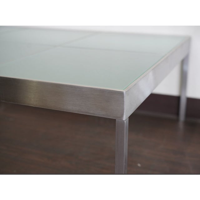 Metal Pair of 1990s Modern Brushed Steel and Frosted Glass Coffee Tables For Sale - Image 7 of 10