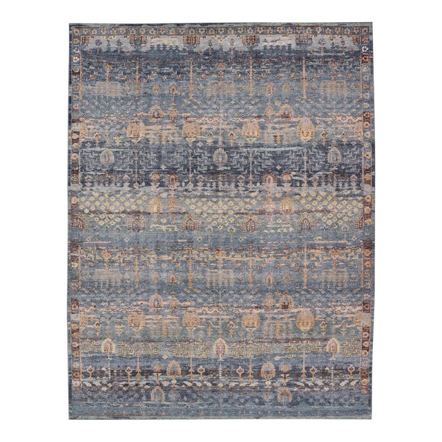 Layered Modern Khotan Rug by Keivan Woven Arts in Blue and Warm Sand 10 X 14 For Sale