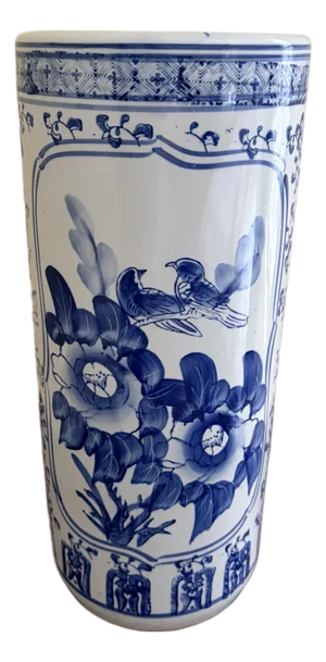 Vintage Chinoiserie Blue and White Porcelain Umbrella Stand