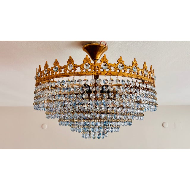 1960s Vintage French Crown Style Flush Mount Brass Chandelier With Soft Blue Crystals⁠ For Sale - Image 9 of 17