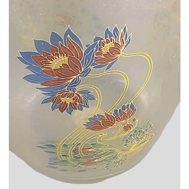 Early 20th Century Early 20th Century Art Deco Hand Painted Enamel Lucky Lotus Flowers Venetian Glass Vase, Made in Italy For Sale - Image 5 of 8
