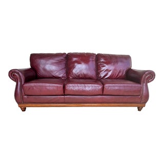 Burgundy Red Leather Rolled Arm Sofa With Nailhead Trim For Sale