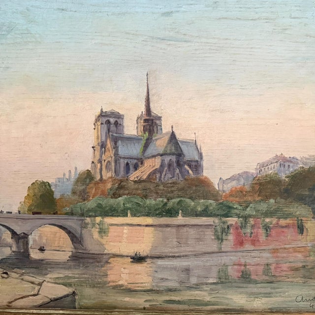 Mid 20th Century Oil on Board Painting of Notre-Dame Cathedral, Paris c.1946 For Sale - Image 4 of 15