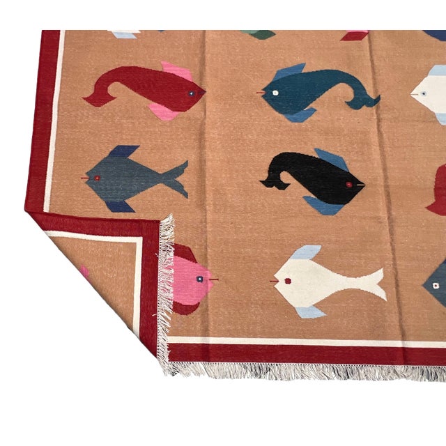 Handmade Cotton Vegetable Dyed Flat Weave Area Rug, Tan, Red Fish Patterned Dhurrie - 9'x12' For Sale - Image 12 of 16