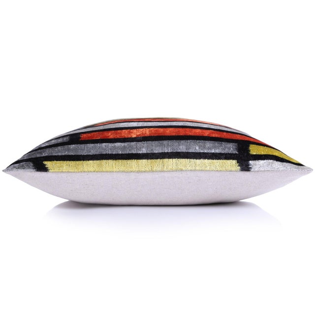 Mid-Century Modern Handmade 16x16 Velvet Pillow – Striped Orange, Yellow & Gray For Sale - Image 3 of 8