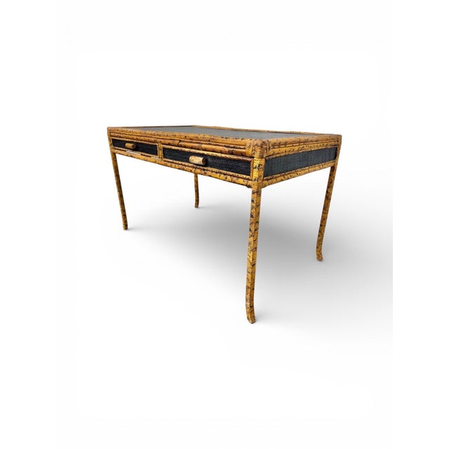 1970s Vintage Scorched Bamboo Writing Desk For Sale - Image 5 of 8